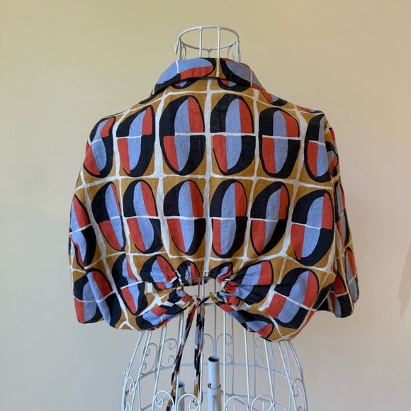 Zara 80's Print Button Front Crop Top Open Back linen blend SZ L short sleeve - Picture 4 of 7